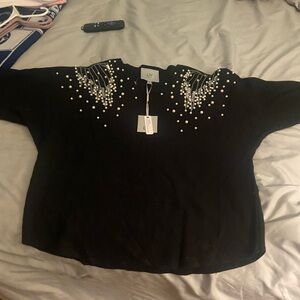 Black Sweater with Pearl and Crystal Embellishments by LIV Milano